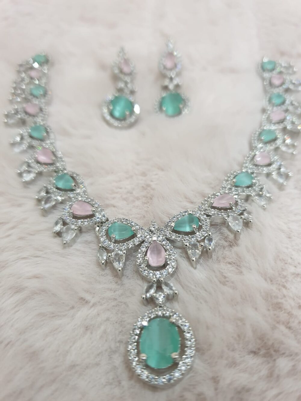 Elegant Green & Pink Stone Bridal Necklace Set