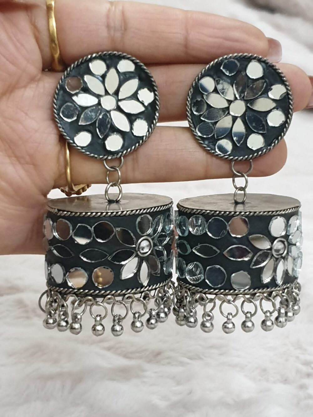 Mirror Work Oxidized Jhumkas