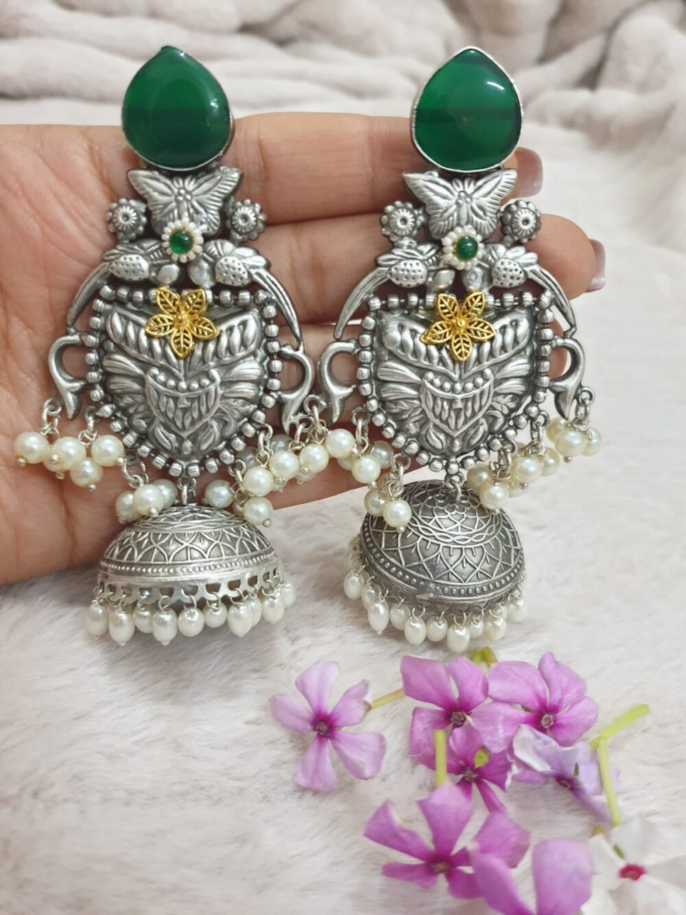 Elegant Silver-Plated Jhumka Earrings with Gemstone Accents - Image 2