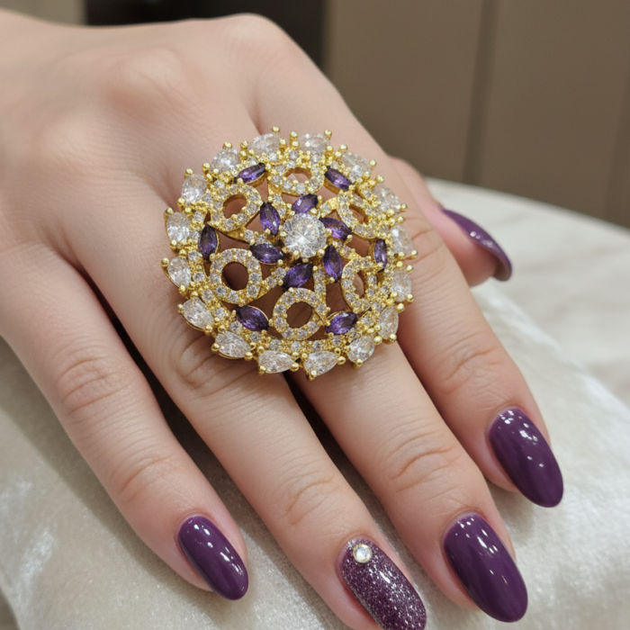 Radiant Floral Statement Ring – Amethyst & Crystal