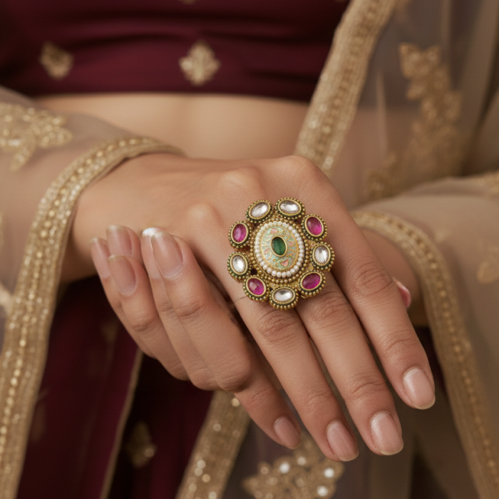 Antique Gold-Toned Multi-Jewel Statement Ring-Adjustable size