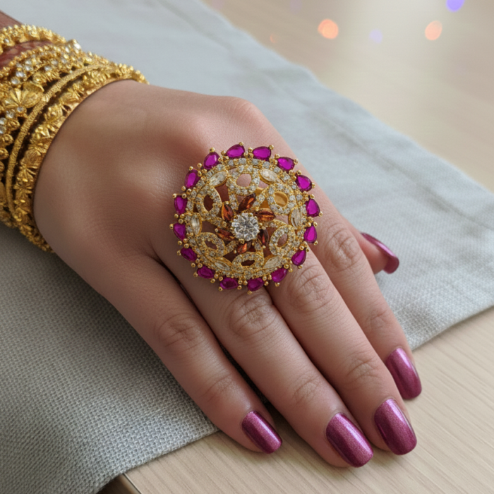 Adjustable Gold-plated Ring with Pink and Orange Gemstones