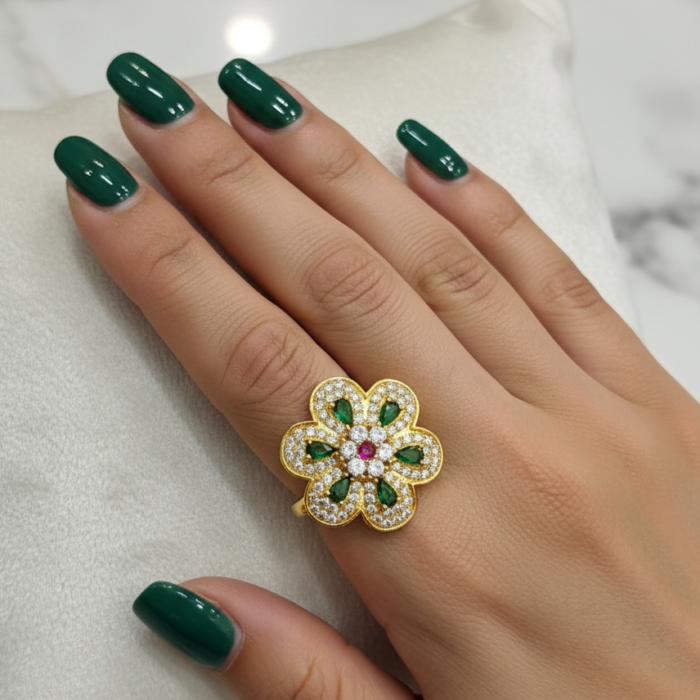 Floral Adjustable Ring with Pink, Green & White Stones