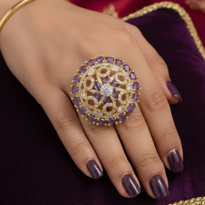 Ornate Gold Filigree Ring with Amethyst Accents