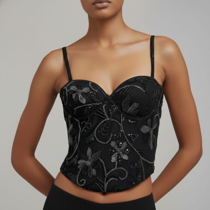 The Midnight Onyx Hand-Embroidered Corset Blouse