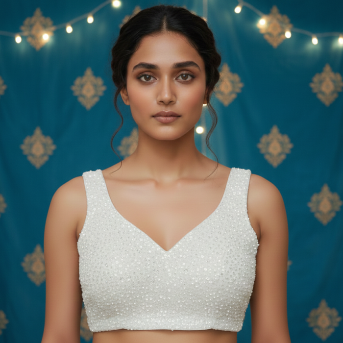 Sparkling White Crystal Readymade Blouse