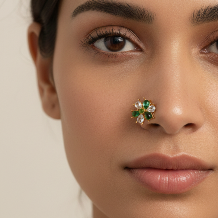Golden Emerald & Zircon Floral Nose Pin-Wired
