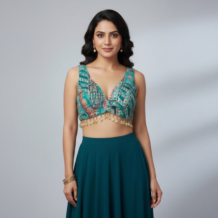 Emerald Heritage Teal Patchwork Blouse