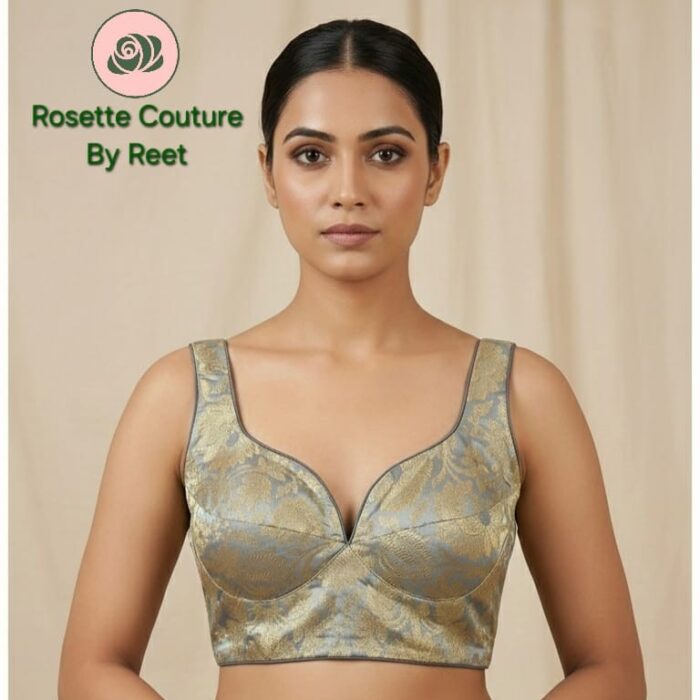 Soft Sage & Champagne Brocade Blouse