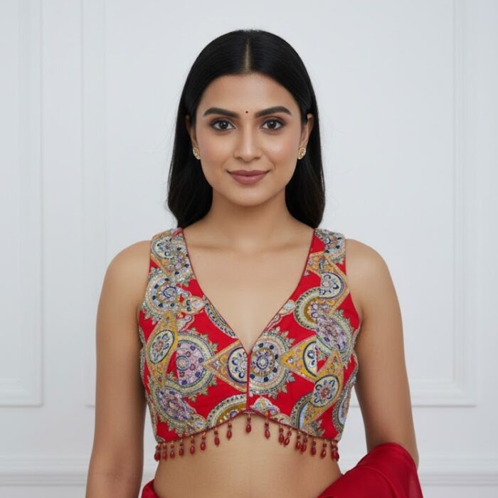 Radiant Red Mosaic Embroidered Blouse